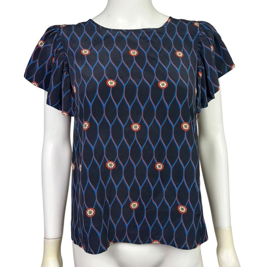 Kenzo x H&M Women's 8 Blue Red White Silk Pattern Ruffle Sleeve Blouse EUC
